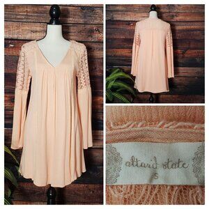 Altar'd State Peasant Dress S Peach Pink Crochet Bell Sleeves Lined 100% Cotton
